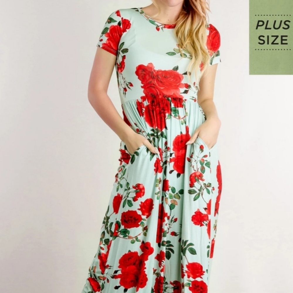 Plus Size Mint & Red Floral Dress